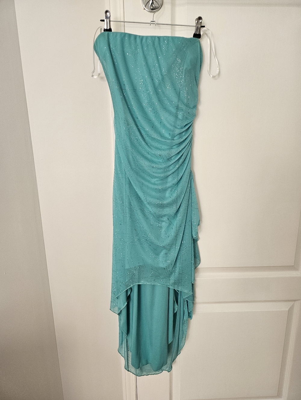 Sparkly Strapless High-low Dress In Aqua Mint Color
